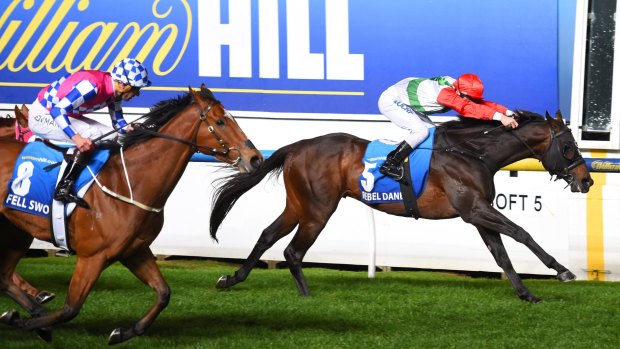 Rebel Dane edges out Canberra's Fell Swoop in the $1m Manikato Stakes at Moonee Valley on Friday night.