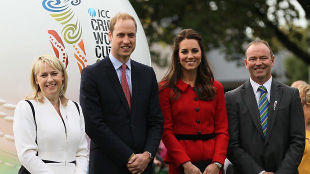 New man at the helm: Lee Germon (right) with NZ cricket administrator Therese Walsh and the Duke and Duchess of Cambridge before the 2015 Cricket World Cup.