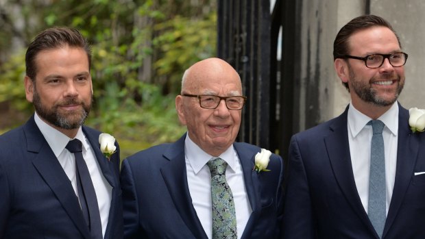 Media Proprietor Rupert Murdoch with his sons James, right, and Lachlan, left.