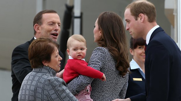 Then prime minister Tony Abbott farewells Prince George of Cambridge, Catherine, Duchess of Cambridge and Prince William, Duke of Cambridge, on the final day of the royal tour of Australia in 2014.