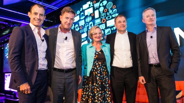 Ten CEO Paul Anderson, Seven CEO Tim Worner, Think TV CEO Kim Portrate, Foxtel CEO Peter Tonagh, and Nine CEO Hugh Marks at the Think TV Conference.