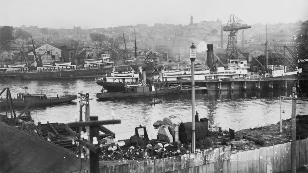 Tug boats at berth at Mort's Dock in Balmain, Sydney, about 1930.