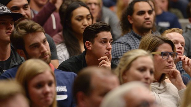 Students listen as controversial conservative commentator Ben Shapiro, editor-in-chief of the Daily Wire at the University of Utah.
