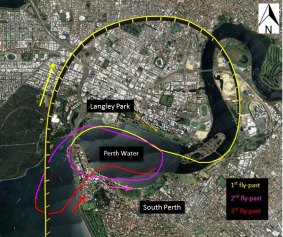 An ATSB image showing the flight path of the plane over the foreshore and river.