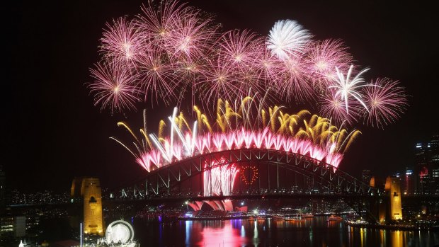 Fireworks over the Sydney Harbour Bridge on New Year's Eve.