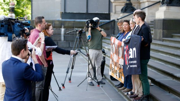 This is where it began: Members of the International Campaign to Abolish Nuclear Weapons (ICAN) on the steps of Parliament in Melbourne, where they launched in 2007, hours before the Nobel Peace Prize was  presented in Oslo.  