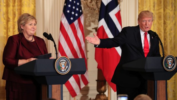 Norwegian Prime Minister Erna Solberg with Trump at the White House in Washington on Wednesday.