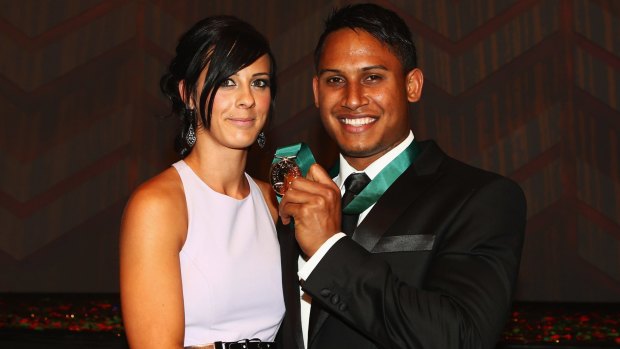 Career highlight: Ben Barba with his partner Ainslie Currie with the Dally M Medal in 2012.