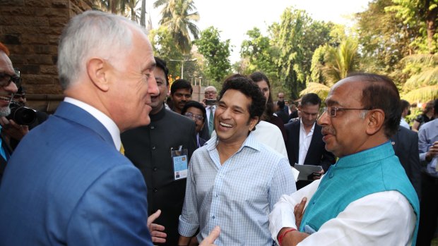 Malcolm Turnbull with cricket legend Sachin Tendulkar in Mumbai.