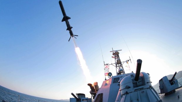 A missile is fired from a North Korean naval vessel during the test of a new type of anti-ship cruise missile.