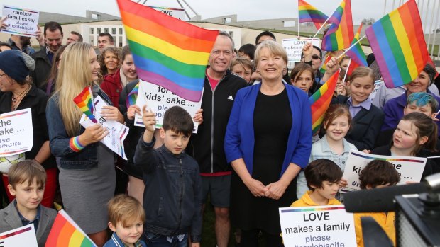 Opposition Leader Bill Shorten joined Greens senator Janet Rice and ''rainbow families'' opposed to a plebiscite on same-sex marriage last week.