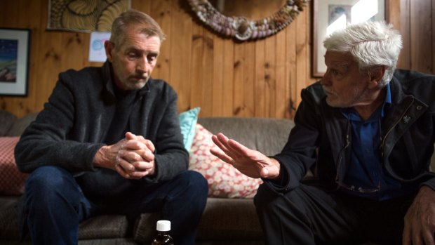 Cancer sufferer Ray Godbold, left, talking to Dr Rodney Syme, of Dying with Dignity Victoria.