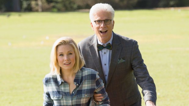 Kristen Bell as Eleanor, left, and Ted Danson as Michael in a scene from The Good Place.