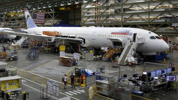 A 787 Dreamliner under construction for Norwegian at Boeing's assembly plant in Everett, US, in 2017.