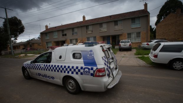 Police drive past the house in Perth Street, West Heidelberg where Sanaya Shaib had been living.