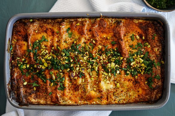 Strained yoghurt (labna), zaatar and aleppo pepper add a Middle Eastern twist to vegetarian lasagne.