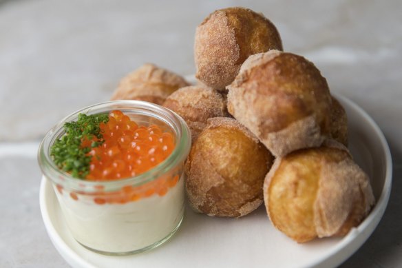 Doughnuts with sour cream and salmon roe.