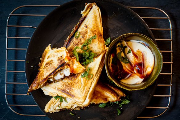 Ma po tofu jaffles with mayonnaise and chilli.