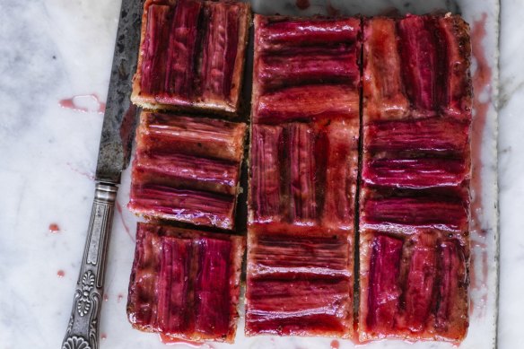 Helen Goh's upside-down cake decorated with alternating rhubarb stalk stripes.