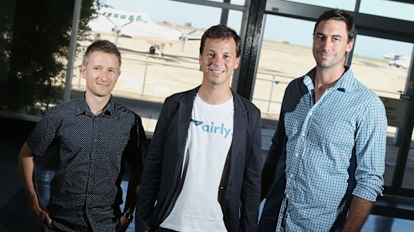 Airly co-founders, from left, Ivan Vysotskiy, Alexander Robinson and Luke Hampshire, are seeking funding for the private jet service.