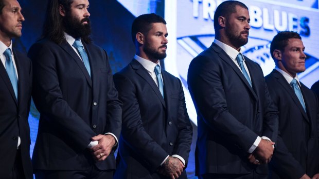 Debut: Nathan Peats (centre) at the Blues team announcement.