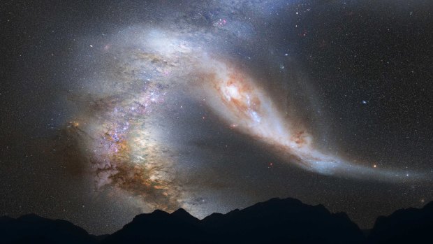 An impression of what a night sky could look like during the collision of the Milky Way and Andromeda galaxies. By that time, the sun will have swallowed the Earth.