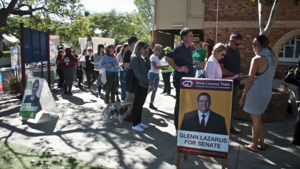 Voters line up at New Farm State School.