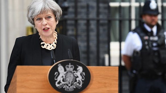Britain's Prime Minister, Theresa May, addresses the media following the London Bridge terror attack.