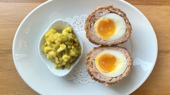 Scotch egg with a sausage mince of pork neck, bacon, sage and white pepper.