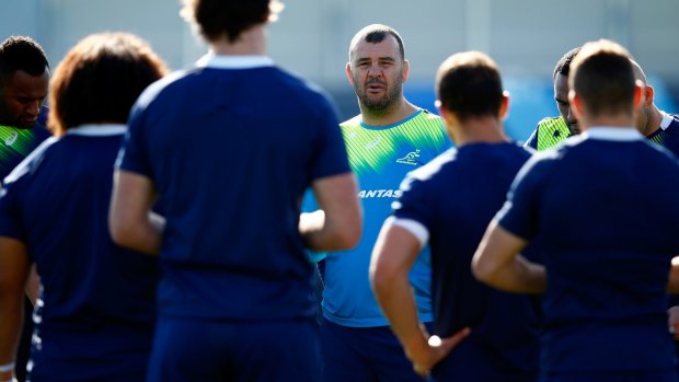 Michael Cheika addresses the Wallabies at training on Thursday.