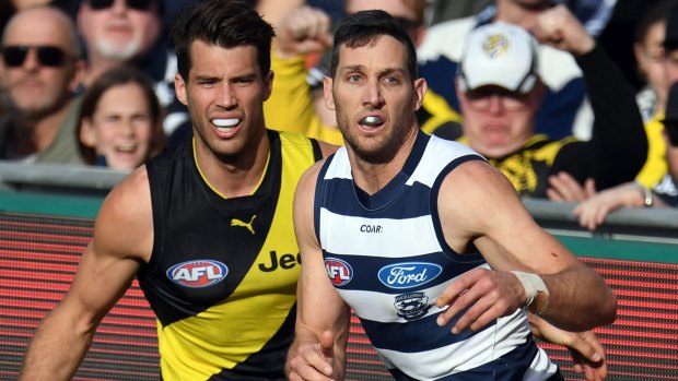 Alex Rance of the Tigers (left) and Harry Taylor of the Cats will face off again in two weeks time. 