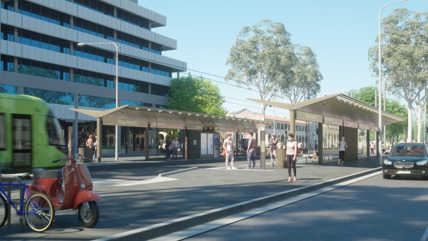 An artist's impression of the Capital Metro Gungahlin tram line showing the light rail stations.