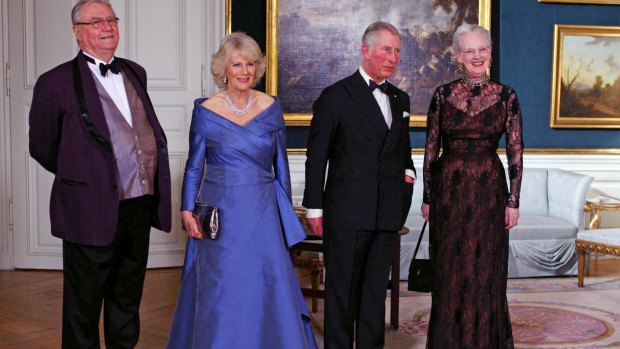 Henrik, Prince Consort of Denmark, the Duchess of Cornwall, the Prince of Wales, and the Queen of Denmark, at the Royal Palace in Copenhagen in 2012.