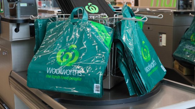 Woolworths' new thicker reusable plastic bags that are to replace single-use plastic bags.