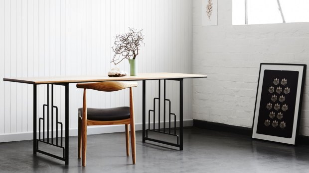 Tasmanian oak timber and art deco steel table from Handkrafted.