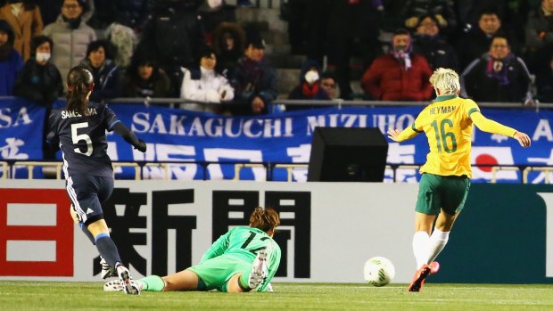 Michelle Heyman scores a crucial goal in the Matildas 3-1 win against Japan.