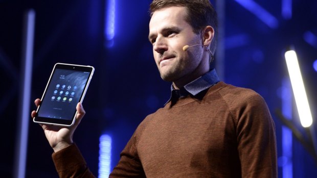 Sebastian Nystrom, head of Product Business at Nokia Technologies, presents Nokia's new N1 Android tablet at the Slush 2014 event in Helsinki.