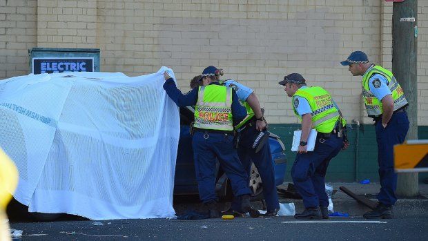 Police at the scene of a fatal crash on the Princes Highway at St Peters.
