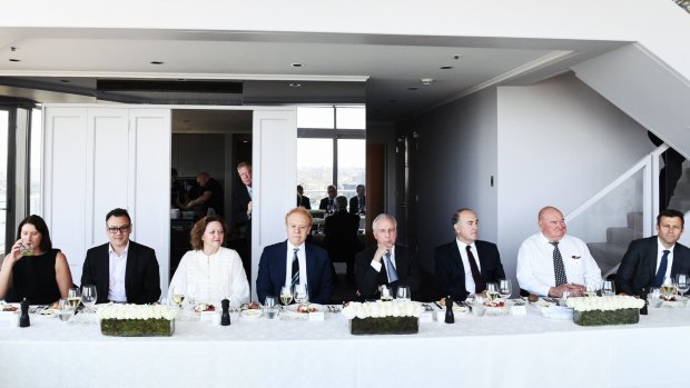 The Superfunds round table, from left: Linda Cunningham, Cbus Super Australia; Kristian Fok, Cbus; Gina Rinehart, Hancock; Anthony Pratt, Visy; Paul Keating; John Fraser, Dept of Treasury; Lindsay Fox, Linfox; David Neal, CEO, Future Fund. 