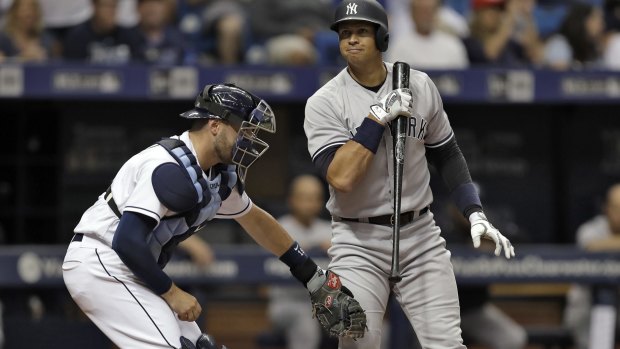 Alex Rodriguez is struck out while batting for the Yankees against the Tampa Bay Rays last month.