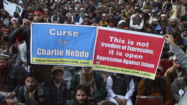 A rally against the French magazine Charlie Hebdo attracted thousands of protesters in Lahore on Sunday.