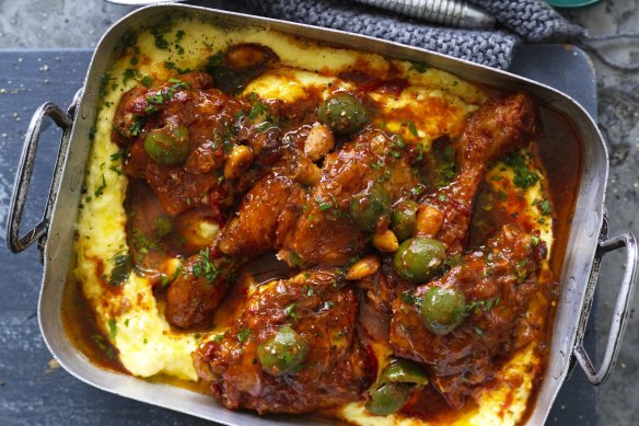 Braised chicken, pictured on a bed of polenta.
 
