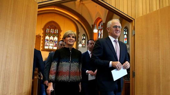 Minister for Foreign Affairs Julie Bishop and Prime Minister Malcolm Turnbull during the Ecumenical Service to mark the opening of the 45th Parliament, at the Church of St Andrew in Canberra on Tuesday 30 August 2016. Photo: Alex Ellinghausen