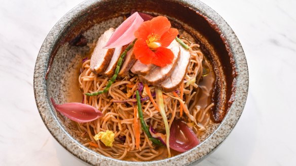 Signature dish The Chen - tea-smoked duck with soba noodles and samphire.
