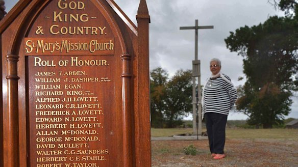 The Roll of Honour that was rescued from the deliberately destroyed mission church. Laura Bell, Frederick Lovett's daughter, on the site of the old church on Lake Condah. 