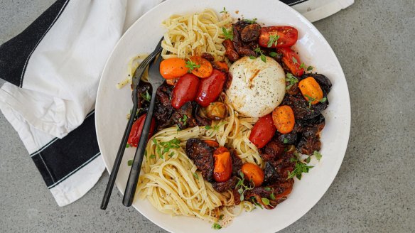 Pasta with jammy slow-roasted tomatoes and creamy burrata cheese.