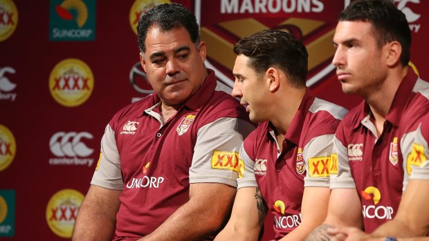 Coach Mal Meninga and Billy Slater talk during the Queensland Maroons State of Origin Team Announcement at the Brisbane Showgrounds.