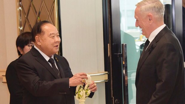 Thai Minister of Defence and Deputy PM Prawit Wongsuwan wears a ring as he meets US Defence Secretary Jim Mattis in October.