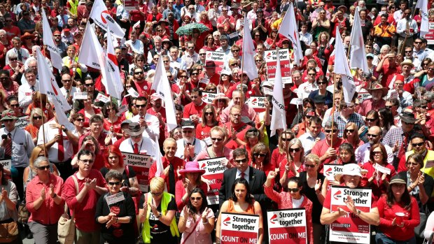 Public servants protest against low government pay offers at a rally in Canberra last year.