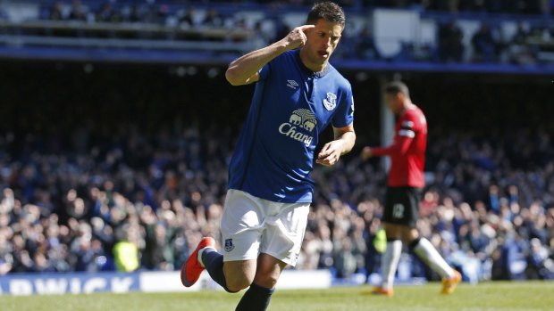 Kevin Mirallas celebrates after scoring the third goal for Everton against Manchester United.